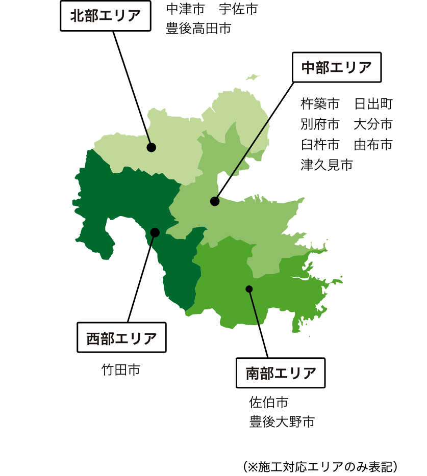 大分のエリア別地図　北部：中津市 宇佐市 豊後高田市・中部:杵築市 日出町 別府市 大分市 臼杵市 由布市 津久見市・西部:竹田市・南部:佐伯市 豊後大野市