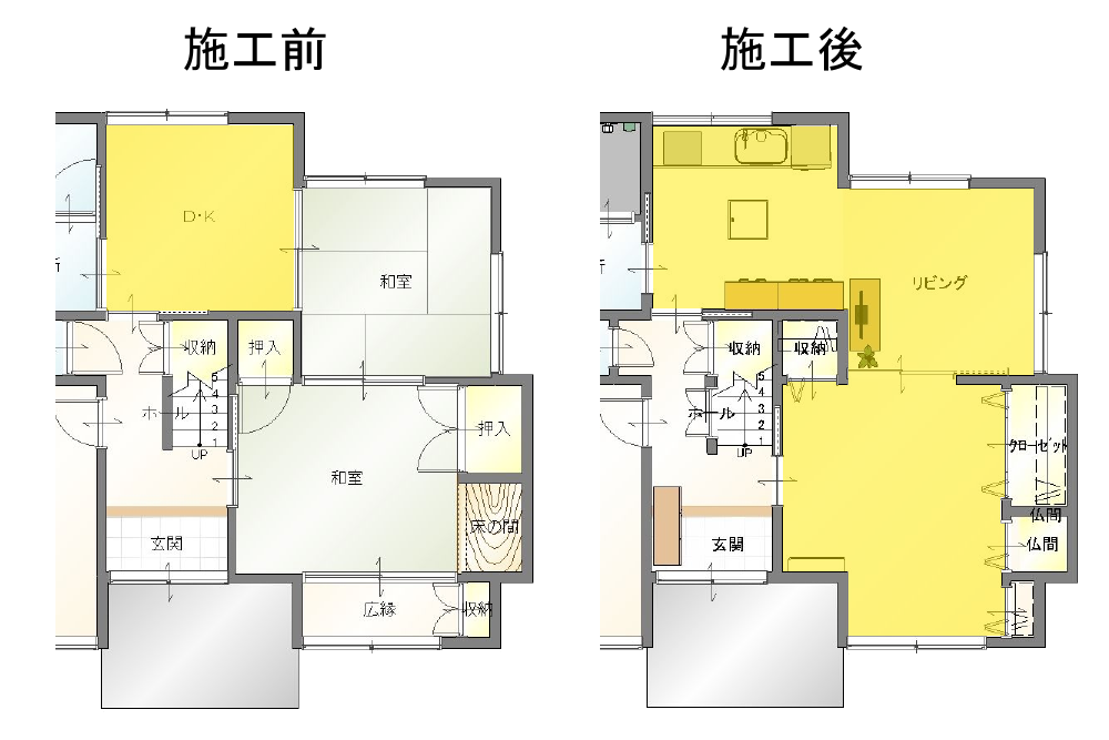 施工前後の住宅の間取り図